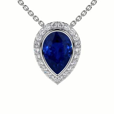 Lab Grown Pear Shape Blue Sapphire Round Diamonds 14 KT White Gold Pendant