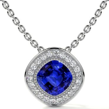 Lab Grown Blue Sapphire Square Cushion Halo Bezel 14 KT White Gold Pendant