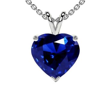 Lab Grown Blue Sapphire Heart Solitaire 14 KT White Gold Pendant
