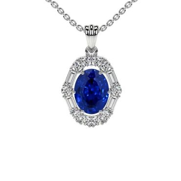 Lab Grown Blue Sapphire Prong Set Round And Straight Baguette Diamonds Halo 14 KT White Gold Pendant
