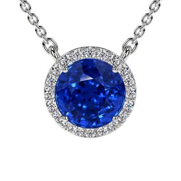 Lab Grown Round Blue Sapphire Round Diamonds 14 KT White Gold Pendant