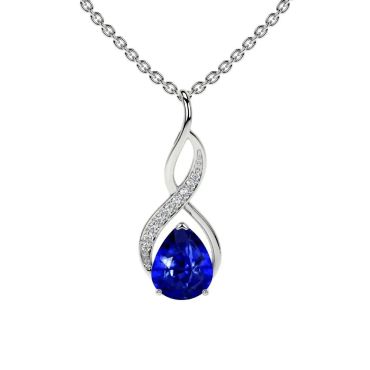 Lab Grown Blue Sapphire Pear 14 KT White Gold Pendant with Round Diamonds