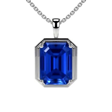 Lab Grown Emerald Cut Blue Sapphire Solitaire 14 KT White Gold Pendant