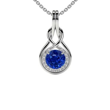 Lab Grown Blue Round Sapphire Round Diamonds 14 KT White Gold Pendant