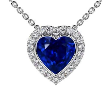 Lab Grown Heart Blue Sapphire Round Diamonds 14 KT White Gold Pendant