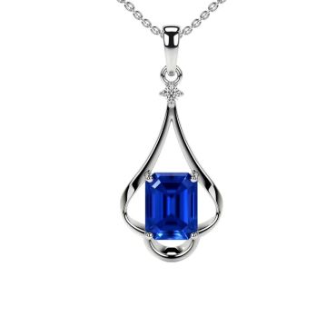 Lab Grown Blue Emerald Cut Sapphire Round Diamond 14 KT White Gold Pendant