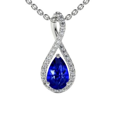 Lab Grown Blue Sapphire Pear Twist 14 KT White Gold Pendant with Diamonds