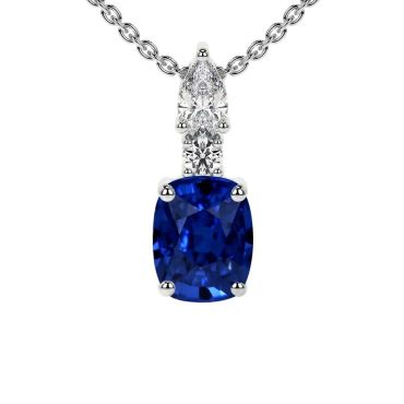Lab Grown Blue Sapphire Oval Cut With Round And Pear Diamonds 14 KT White Gold Pendant
