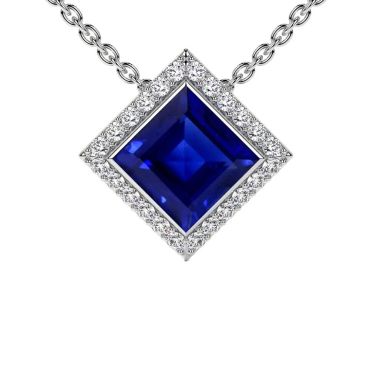 Lab Grown Blue Sapphire Square Halo Diamond 14 KT White Gold Pendant