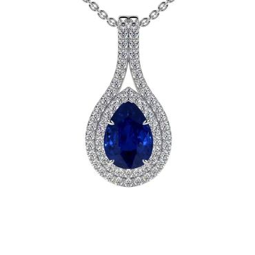 Lab Grown Blue Pear Sapphire Round Diamonds 14 KT White Gold Pendant