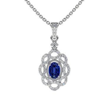Lab Grown Blue Sapphire Oval Cut Designer 14 KT White Gold Pendant