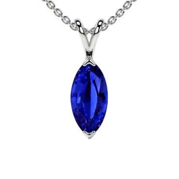 Lab Grown Blue Sapphire Marquise Solitaire 14 KT White Gold Pendant