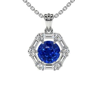 Round Lab Grown Blue Sapphire Prong Set Round And Straight Baguette Diamonds Halo 14 KT White Gold Pendant