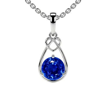 Lab Grown Blue Sapphire Round Solitaire Heart Knot 14 KT White Gold Pendant