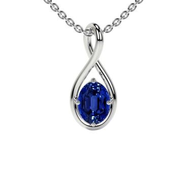 Lab Grown Blue Sapphire Oval Cut Solitaire Twist 14 KT White Gold Pendant
