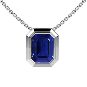 Lab Grown Blue Sapphire Emerald Cut Solitaire Bezel 14 KT White Gold Pendant