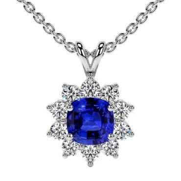 Lab Grown Blue Sapphire Square Cushion Halo Diana 14 KT White Gold Pendant