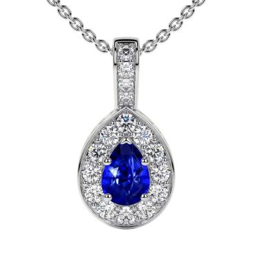 Lab Grown Blue Sapphire Pear Classic Halo 14 KT White Gold Pendant