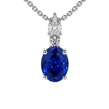 Lab Grown Oval Cut Blue Sapphire With Round And Pear Diamonds 14 KT White Gold Pendant