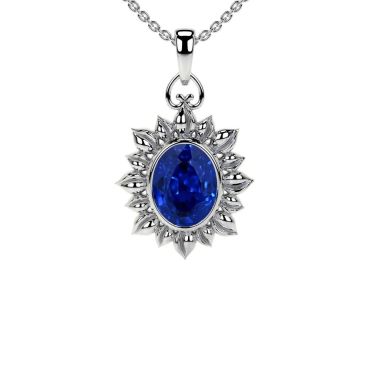 Lab Grown Blue Oval Sapphire Solitaire 14 KT White Gold Pendant