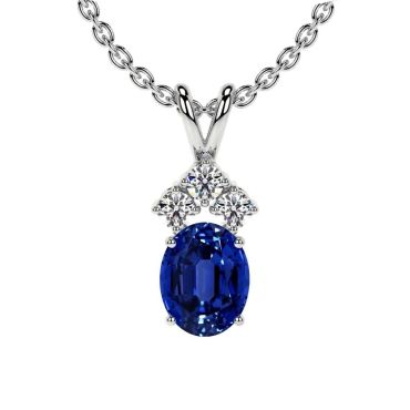 Lab Grown Blue Sapphire Oval Cut 14 KT White Gold Pendant with Three Round Diamonds