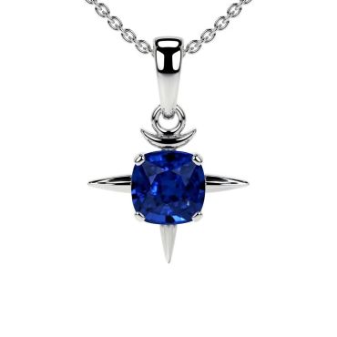 Lab Grown Blue Cushion Sapphire Solitaire 14 KT White Gold Pendant