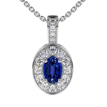 Lab Grown Blue Sapphire Oval Cut Classic Halo 14 KT White Gold Pendant