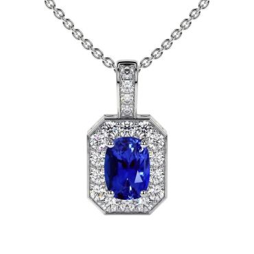 Lab Grown Blue Sapphire Elongated Cushion Classic Halo 14 KT White Gold Pendant