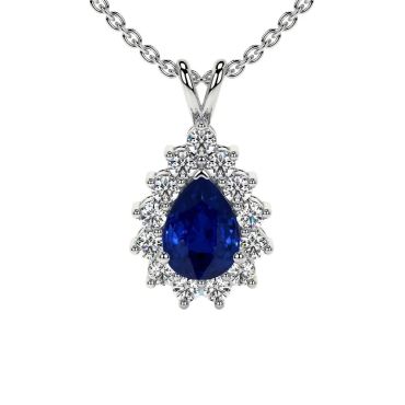 Lab Grown Blue Sapphire Pear Shape 14 KT White Gold Pendant With Round Diamonds