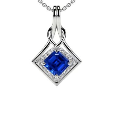 Lab Grown Blue Emerald Cut Sapphire Round Diamonds 14 KT White Gold Pendant