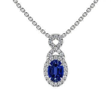 Lab Grown Blue Sapphire Oval Cut Twist Halo 14 KT White Gold Pendant