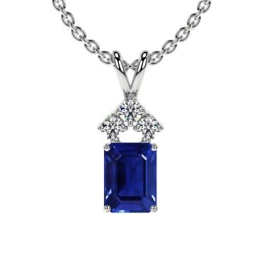 Lab Grown Blue Sapphire Emerald Cut 14 KT White Gold Pendant with Three Round Diamonds
