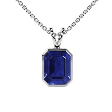 Lab Grown Blue Sapphire Emerald Cut Solitaire Classic Bezel 14 KT White Gold Pendant