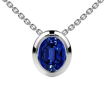 Lab Grown Blue Sapphire Oval Cut Solitaire Bezel 14 KT White Gold Pendant