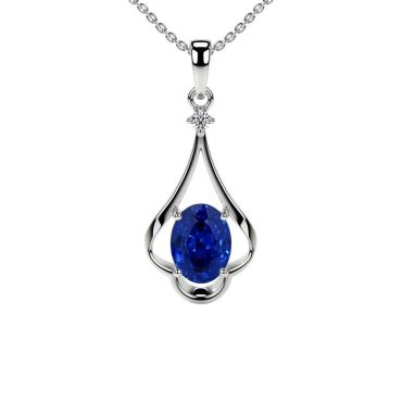 Lab Grown Oval Blue Sapphire Round Diamond 14 KT White Gold Pendant