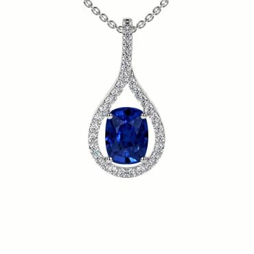 Lab Grown Blue Cushion Sapphire Round Diamonds 14 KT White Gold Pendant