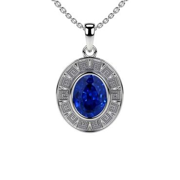 Lab Grown Oval Blue Sapphire Astrological Bezel Set 14 KT White Gold Pendant