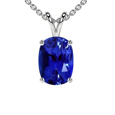Lab Grown Blue Sapphire Elongated Cushion Solitaire 14 KT White Gold Pendant