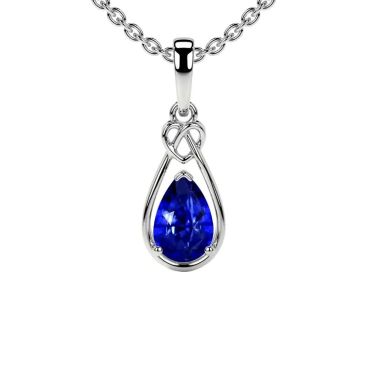 Lab Grown Blue Sapphire Pear Solitaire Heart Knot 14 KT White Gold Pendant