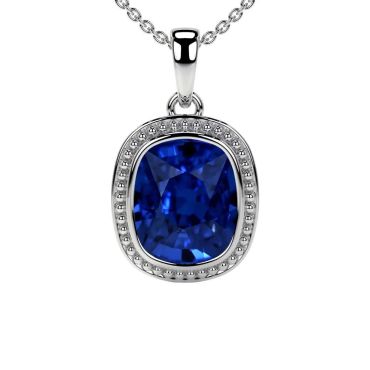 Lab Grown Blue Cushion Sapphire Bezel Set Solitaire 14 KT White Gold Pendant