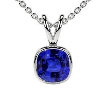 Lab Grown Blue Sapphire Square Cushion Solitaire Classic Bezel 14 KT White Gold Pendant