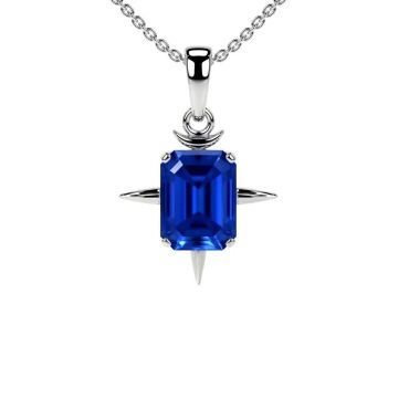 Lab Grown Blue Emerald Cut Sapphire Solitaire 14 KT White Gold Pendant