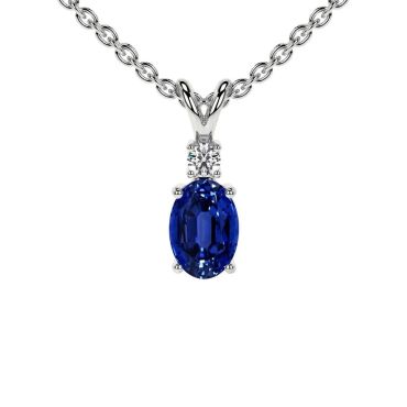 Lab Grown Blue Sapphire Oval Cut 14 KT White Gold Pendant with Round Diamond