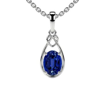 Lab Grown Blue Sapphire Oval Cut Solitaire Heart Knot 14 KT White Gold Pendant