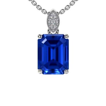 Emerald Cut Lab Grown Blue Sapphire Round Diamonds 14 KT White Gold Pendant