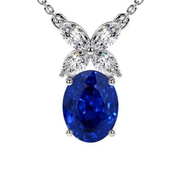 Oval Lab Grown Blue Sapphire Marquise Shape Diamonds 14 KT White Gold Pendant