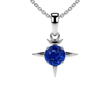 Lab Grown Blue Round Sapphire Solitaire 14 KT White Gold Pendant