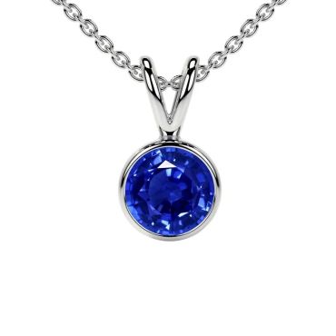 Lab Grown Blue Sapphire Round Solitaire Classic Bezel 14 KT White Gold Pendant