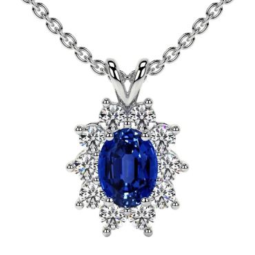 Lab Grown Blue Sapphire Oval Cut Halo Diana 14 KT White Gold Pendant