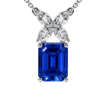 Emerald Cut Lab Grown Blue Sapphire Marquise Shape Diamonds 14 KT White Gold Pendant